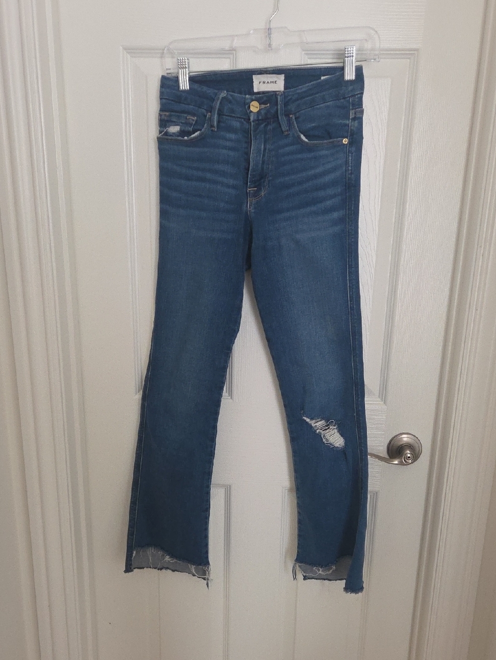 Frame Denim Le Crop Mini In Decades  Blue Rips with Raw Hem. Size 25